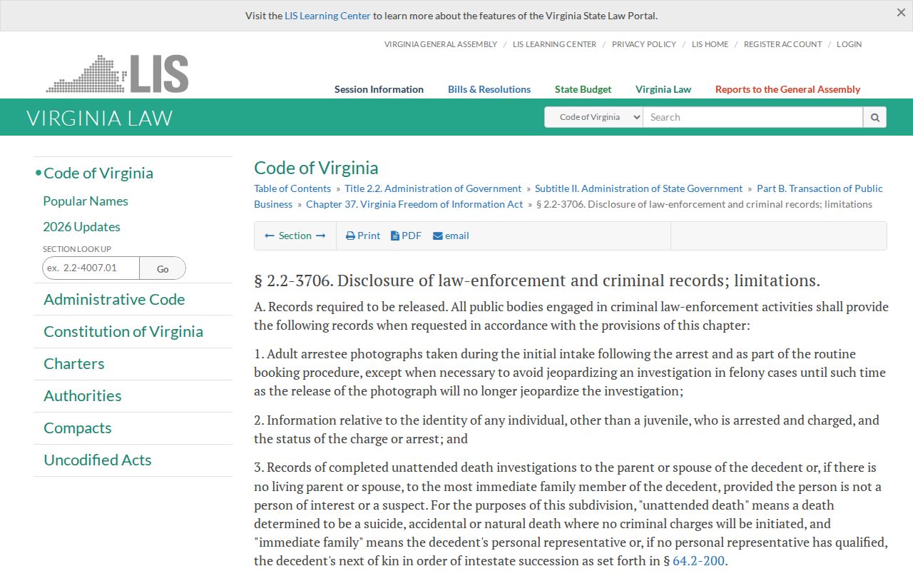 Page County adult booking photo disclosure law in Virginia public-records materials