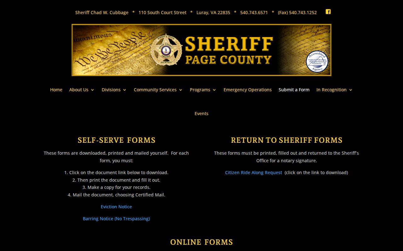 Page County booking record request information from the Sheriff’s official forms page