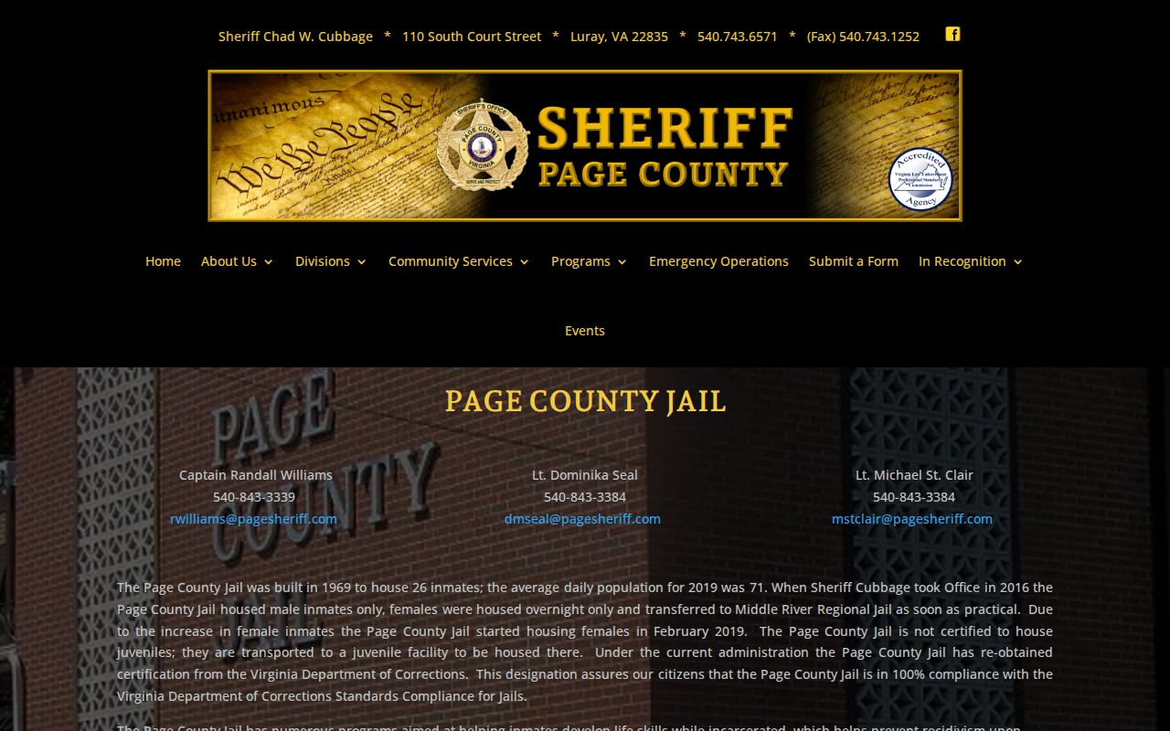Page County Jail official booking and custody source page without a public roster