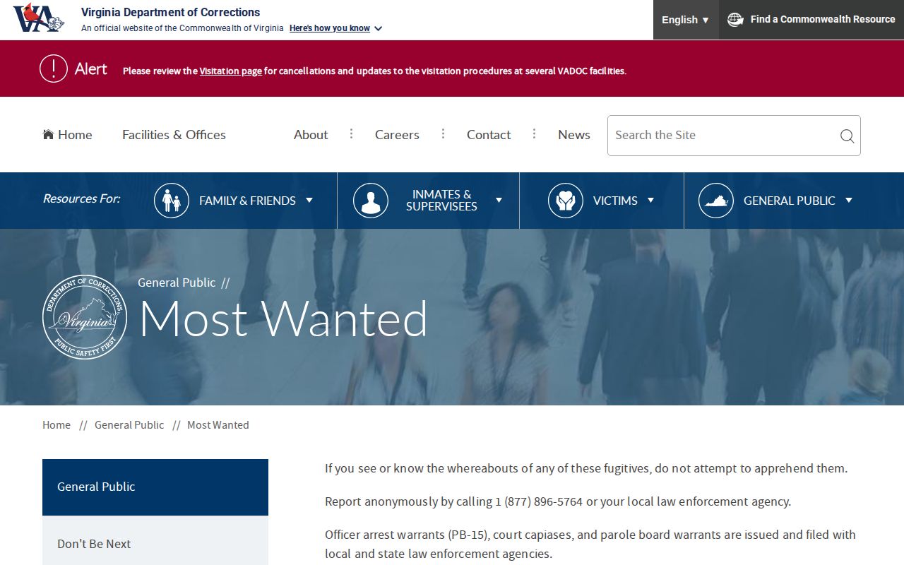Virginia Department of Corrections Most Wanted official statewide fugitive resource, a Page County warrant fallback
